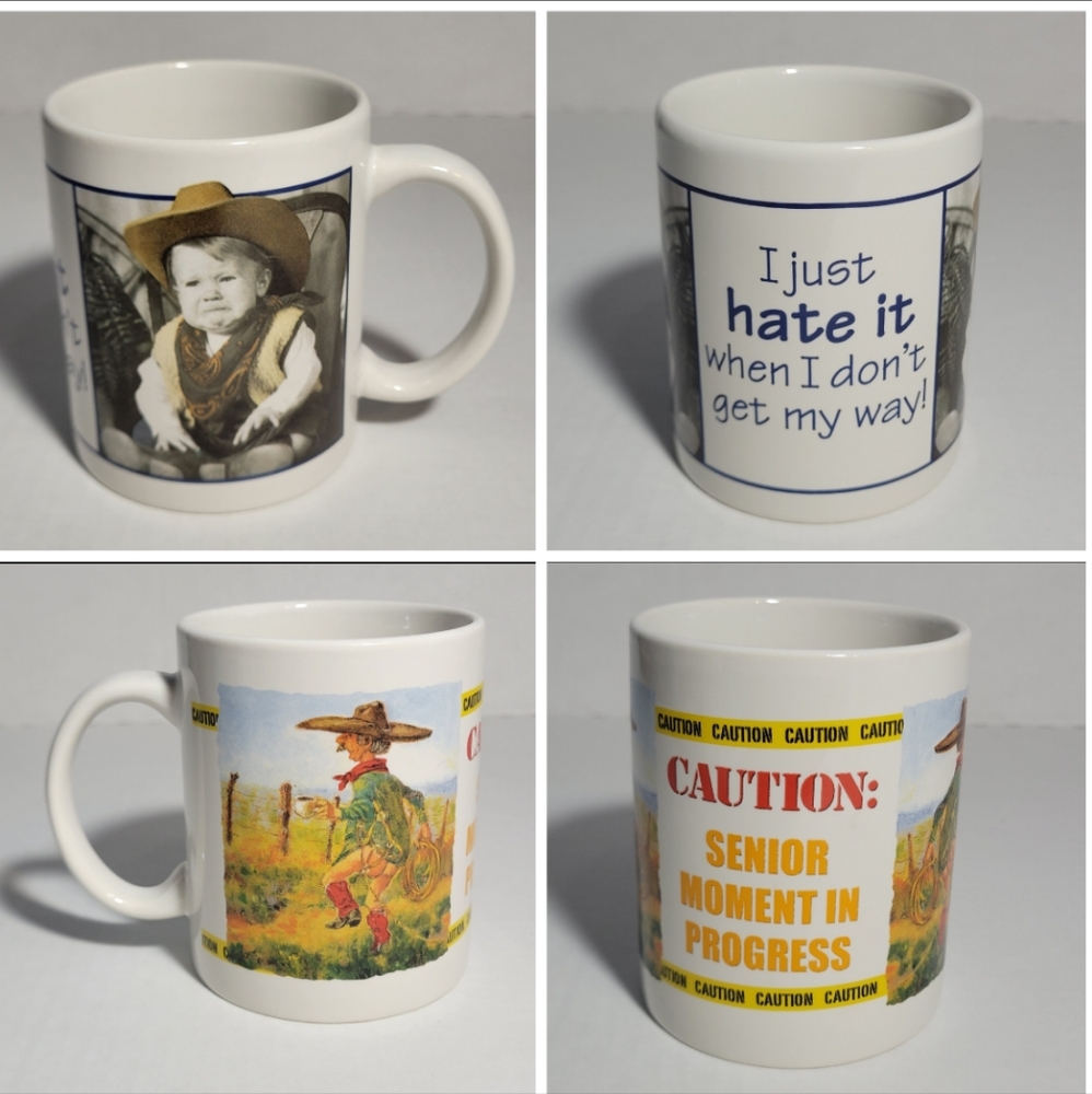 2 Leanin' Tree Coffee Mugs Baby And Senior Cowboys